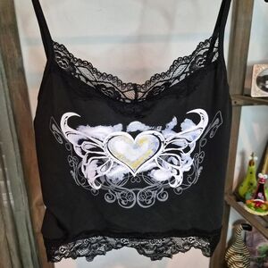 Black Lace Trim Crop Top with Heart Design